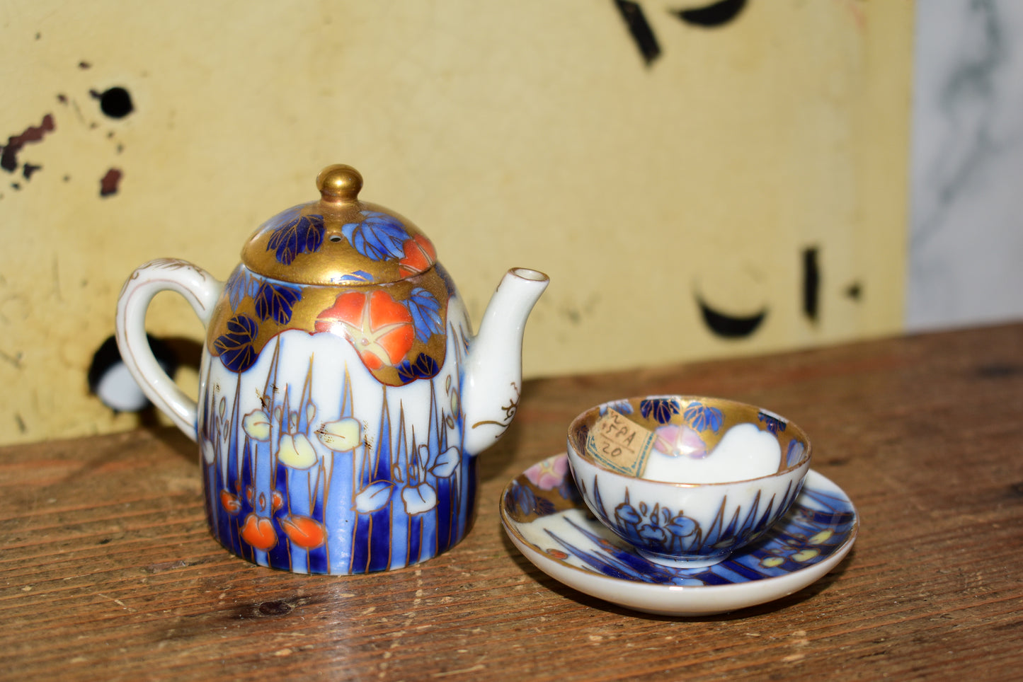 Rare Antique Fukagawa Seiji Micro Tea Set • Early 1900s Signed Japanese Arita Porcelain Iris & Gold Miniature Teapot • Cabinet Piece
