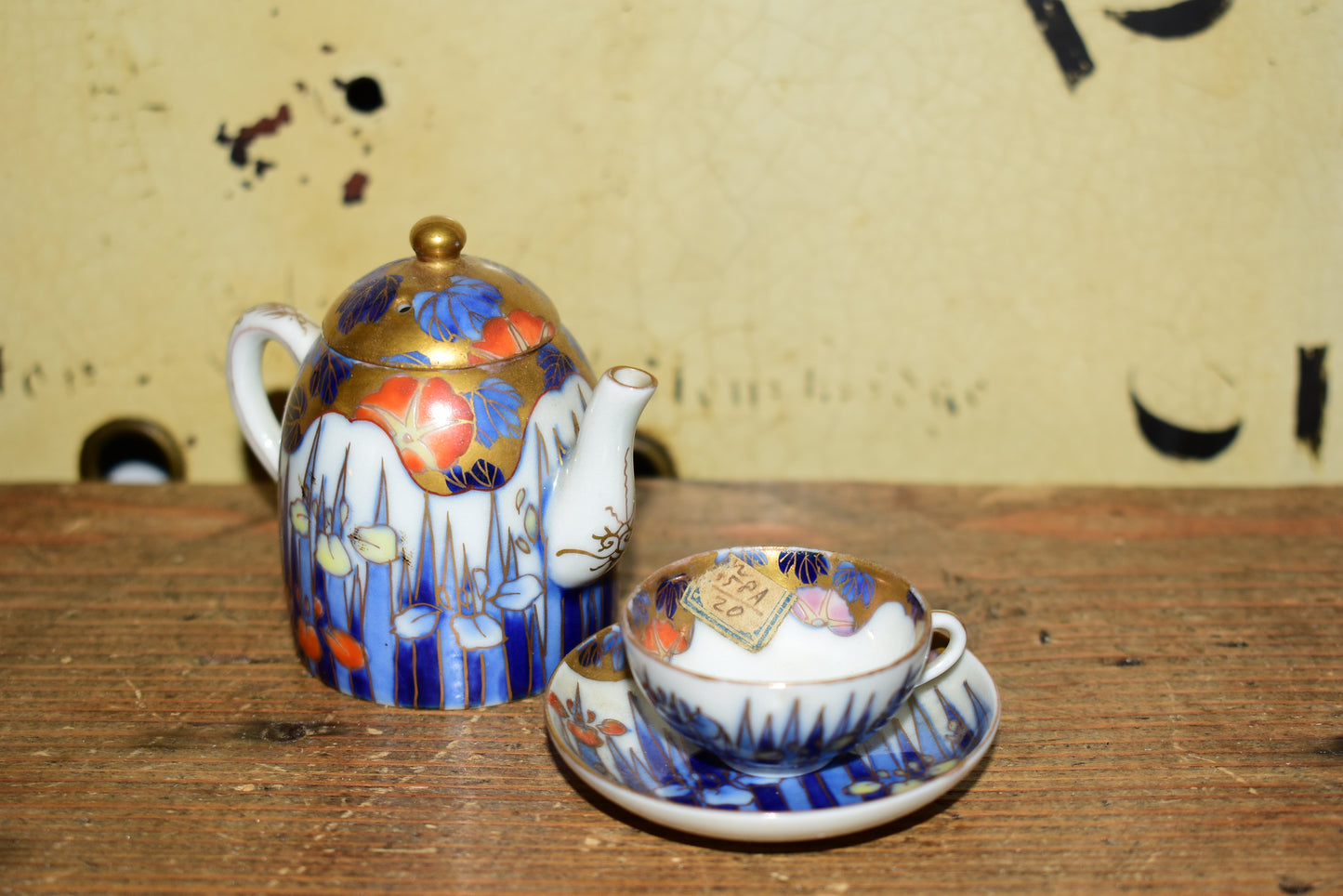 Rare Antique Fukagawa Seiji Micro Tea Set • Early 1900s Signed Japanese Arita Porcelain Iris & Gold Miniature Teapot • Cabinet Piece
