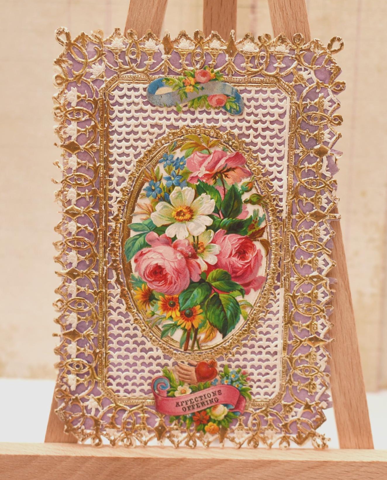 Antique Victorian Valentine Card - Stunning Double Side Lacy Decoupage with Silk Centre