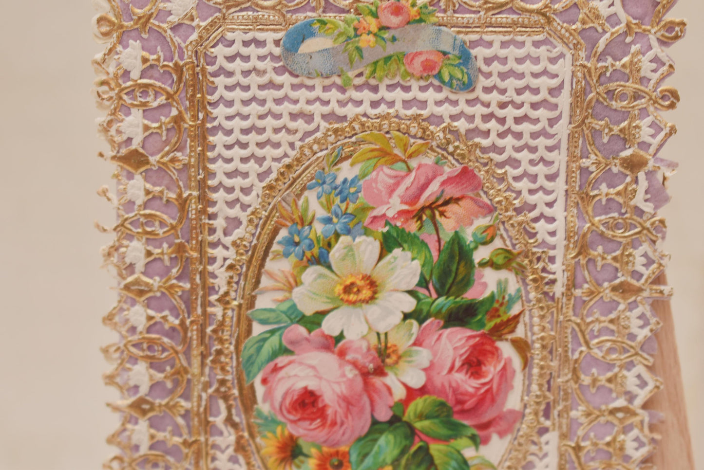 Antique Victorian Valentine Card - Stunning Double Side Lacy Decoupage with Silk Centre