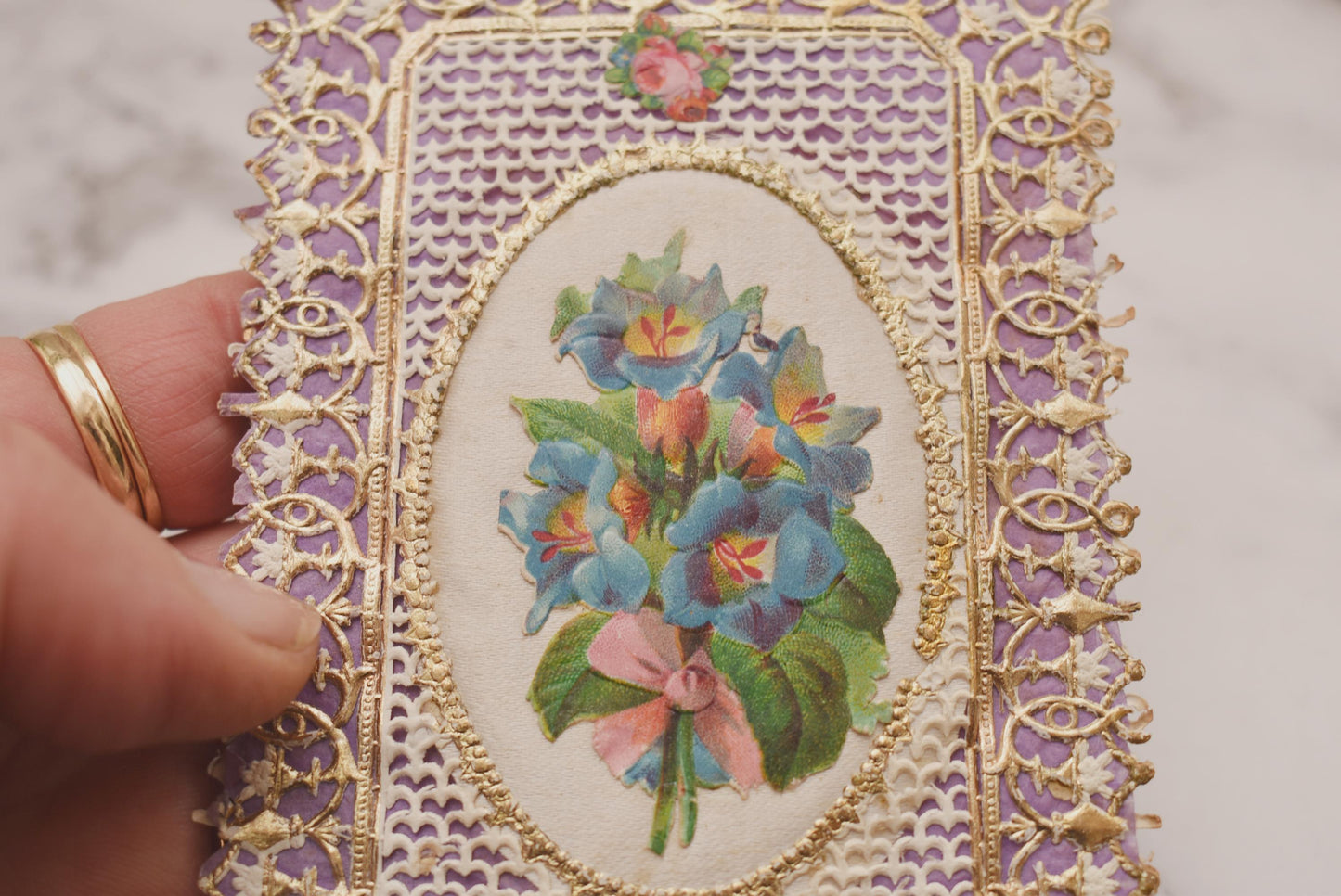 Antique Victorian Valentine Card - Stunning Double Side Lacy Decoupage with Silk Centre