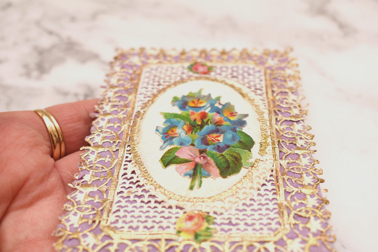 Antique Victorian Valentine Card - Stunning Double Side Lacy Decoupage with Silk Centre