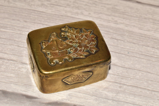 Antique Japanese Box - Gorgeous Victorian Brass Applied Flowers Trinket Box