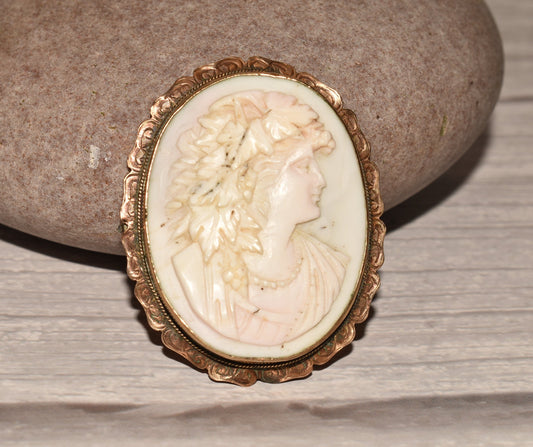 Stunning Victorian Cameo - Large Classical Bacchanalian Goddess with Vines and Grapes Pendant or Brooch