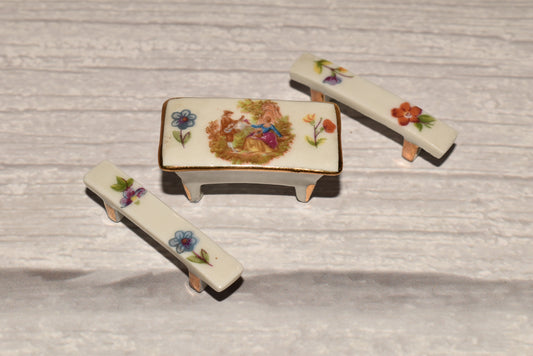 Limoges Doll House Furniture - Beautiful French Porcelain Miniature Table and Benches